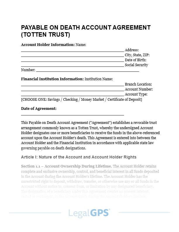 Payable on Death Account Agreement (Totten Trust) IMAGE