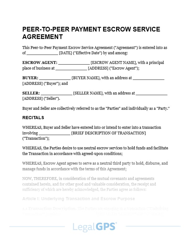 Peer-to-Peer Payment Escrow Service Agreement IMAGE