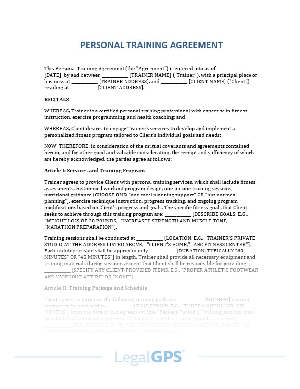 Personal Training Agreement IMAGE