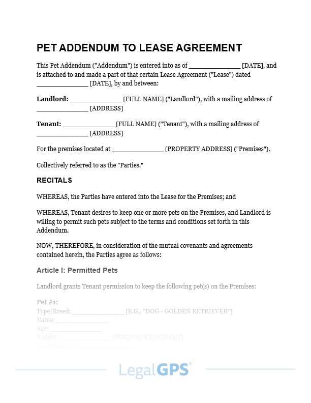 Pet Addendum to Lease Agreement IMAGE