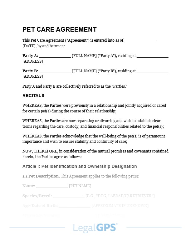 Pet Care Agreement (for separation or divorce) IMAGE