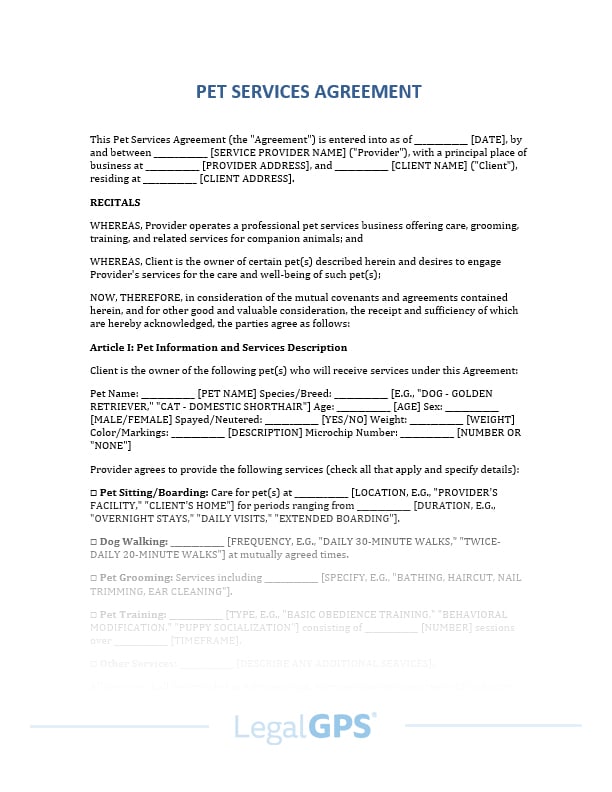 Pet Services Agreement IMAGE