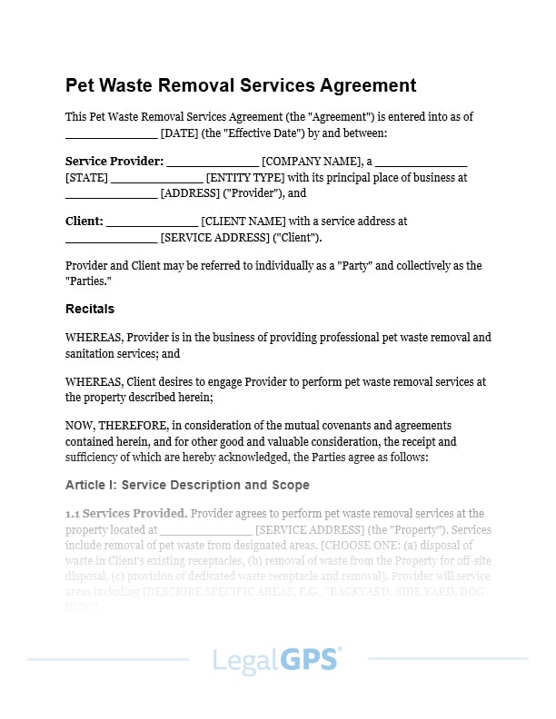 Pet Waste Removal Services Agreement IMAGE