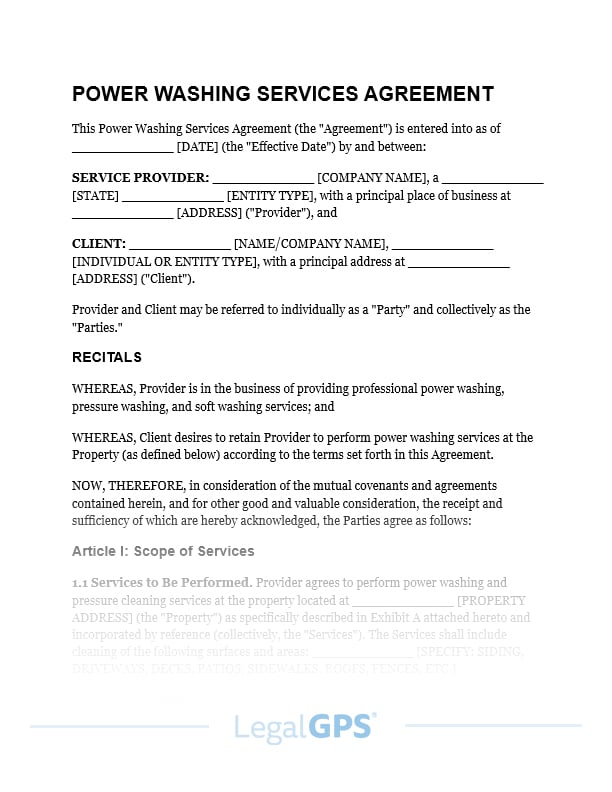 Power Washing Services Agreement IMAGE
