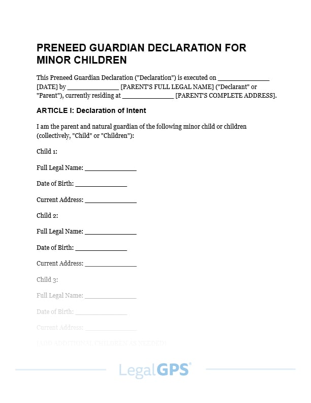Preneed Guardian Declaration for Minor Children IMAGE
