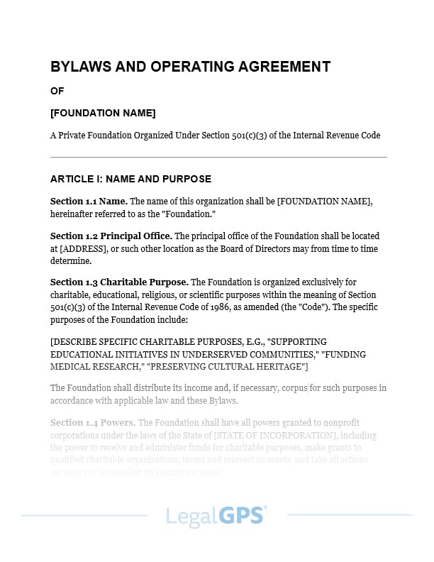 Private Foundation Bylaws and Operating Agreement IMAGE