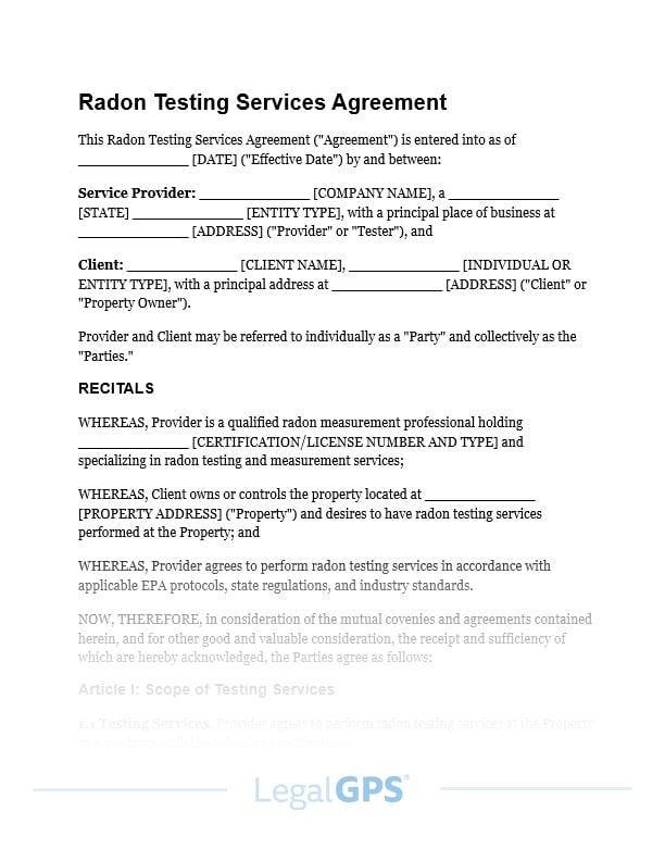 Radon Testing Services Agreement IMAGE