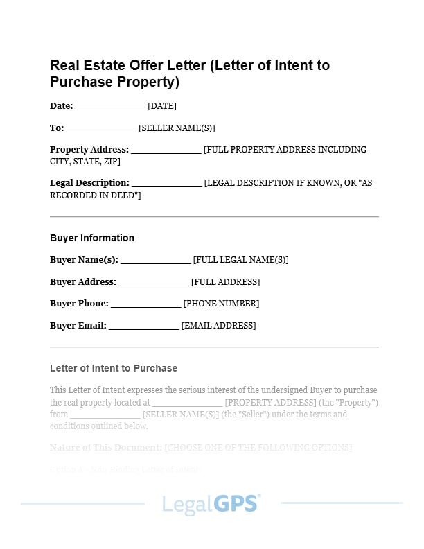 Real Estate Offer Letter (Letter of Intent to Purchase Property) IMAGE