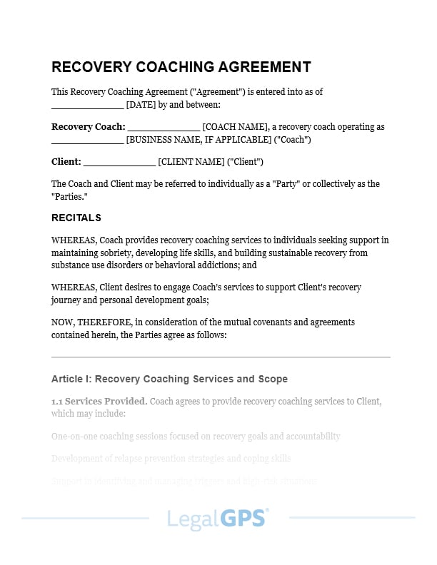 Recovery Coaching Agreement (addiction) IMAGE