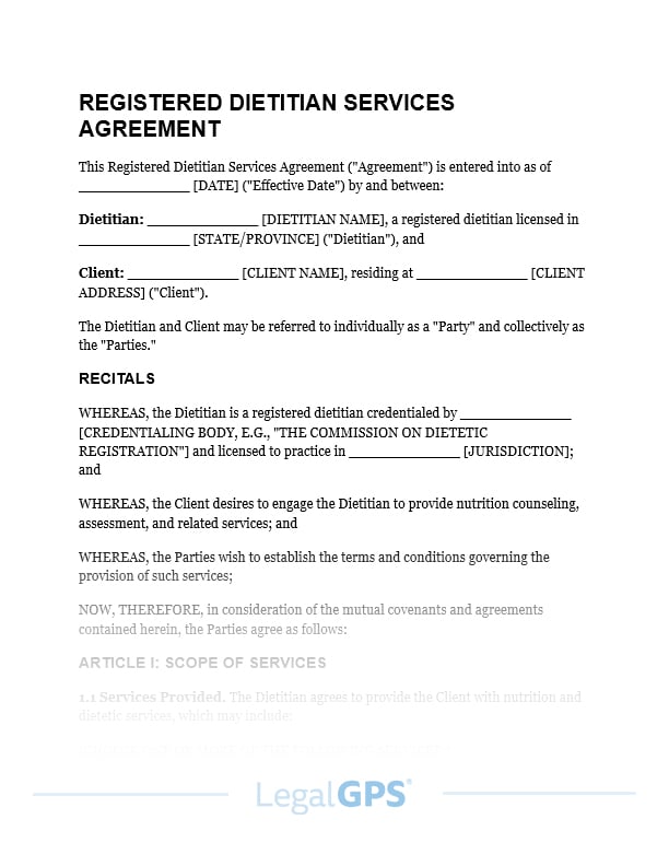 Registered Dietitian Services Agreement IMAGE