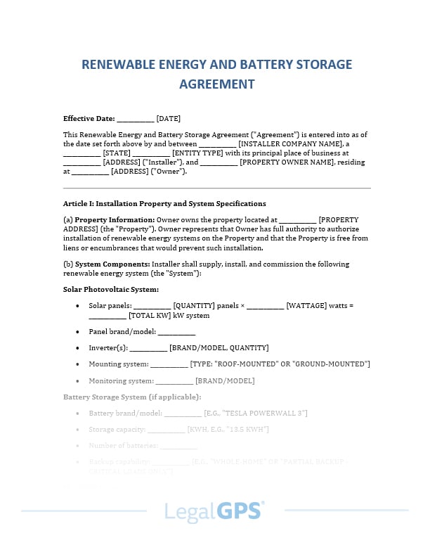 Renewable Energy and Battery Storage Agreement IMAGE
