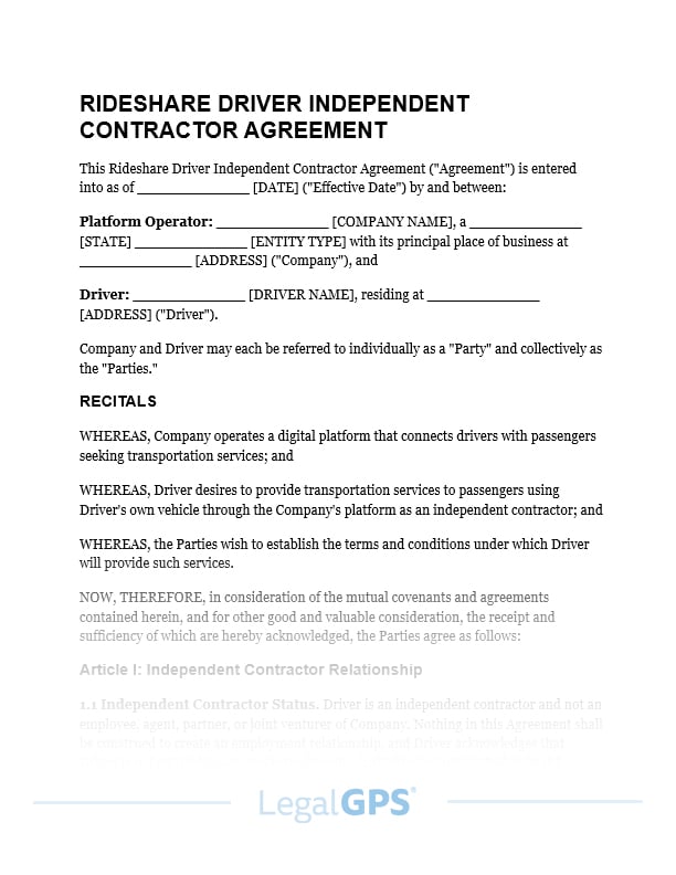 Rideshare Driver Independent Contractor Agreement IMAGE