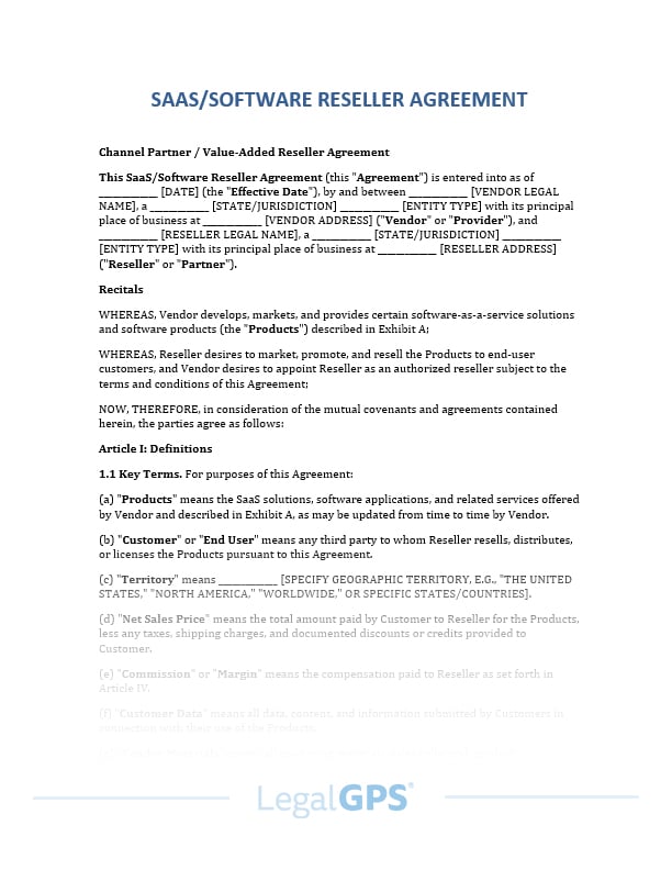 SaaS, Software Reseller (Channel, VAR) Agreement IMAGE