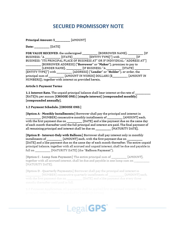 Secured Promissory Note Template