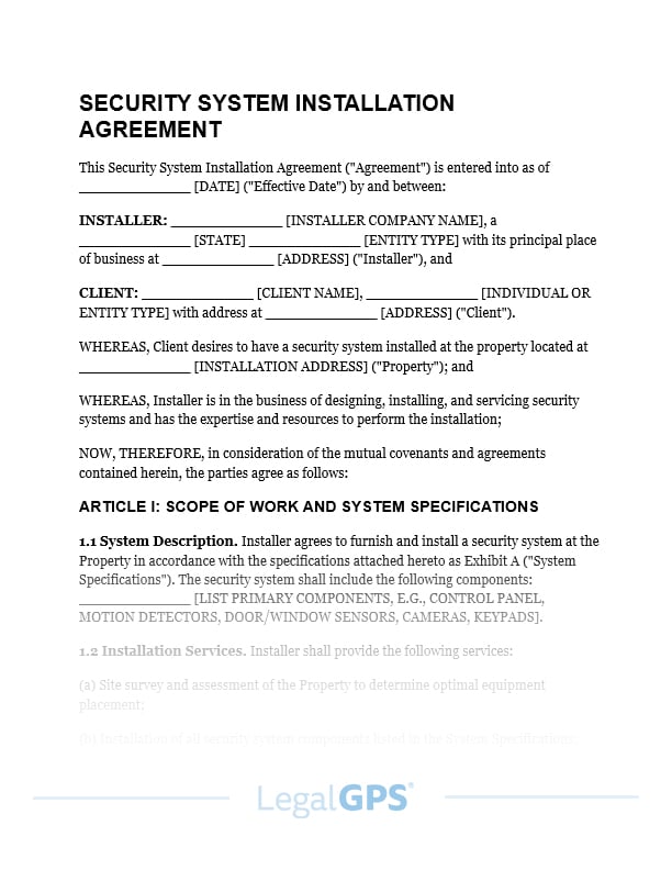 Security System Installation Agreement IMAGE