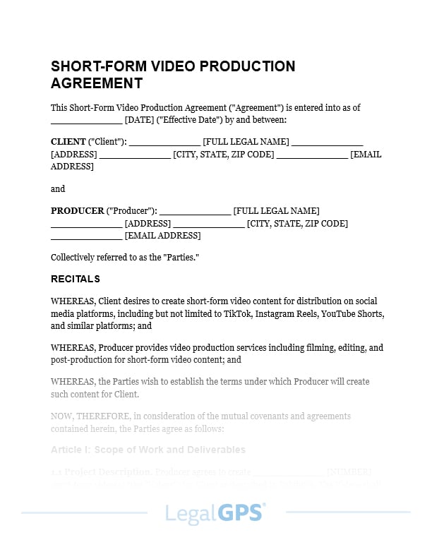 Short-Form Video Production Agreement (TikTok or Reels or Shorts) IMAGE