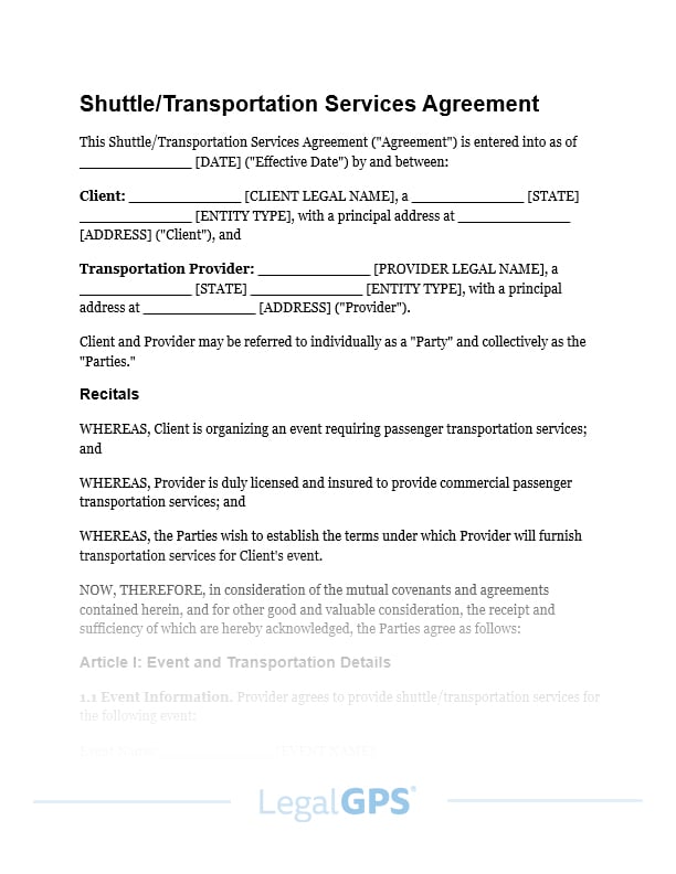 Shuttle or Transportation Services Agreement (events) IMAGE