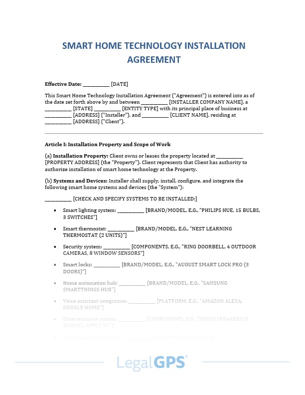Smart Home Technology Installation Agreement IMAGE
