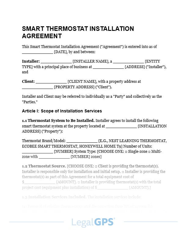 Smart Thermostat Installation Agreement IMAGE