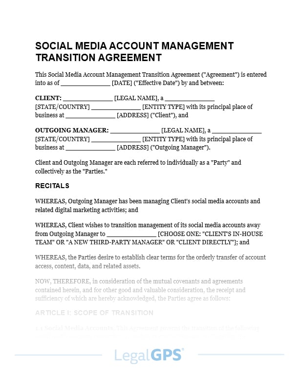 Social Media Account Management Transition Agreement IMAGE