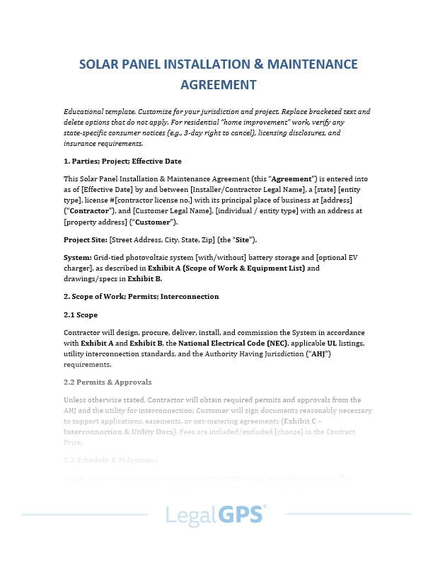 Solar Panel Installation & Maintenance Agreement IMAGE