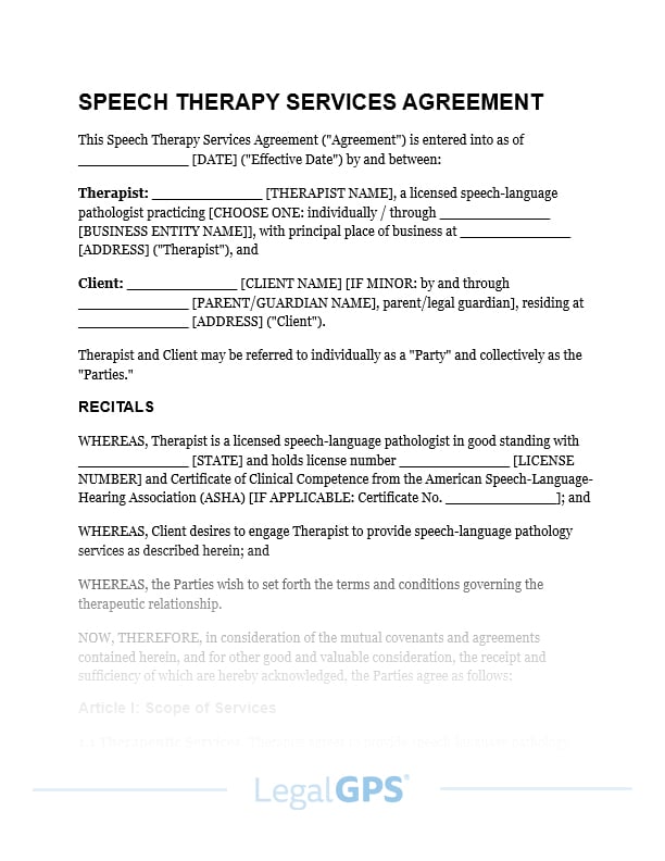Speech Therapy Services Agreement