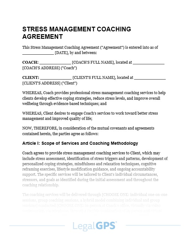 Stress Management Coaching Agreement IMAGE