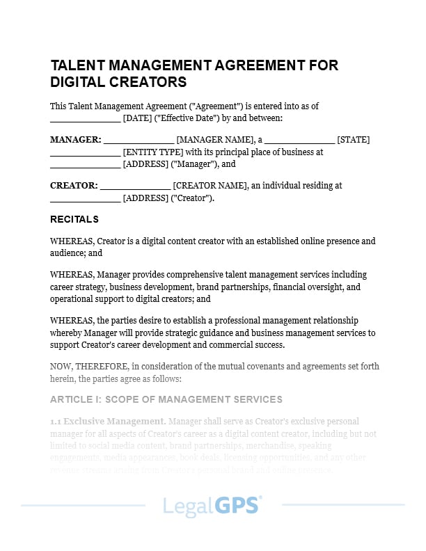Talent Management Agreement (digital creators) IMAGE