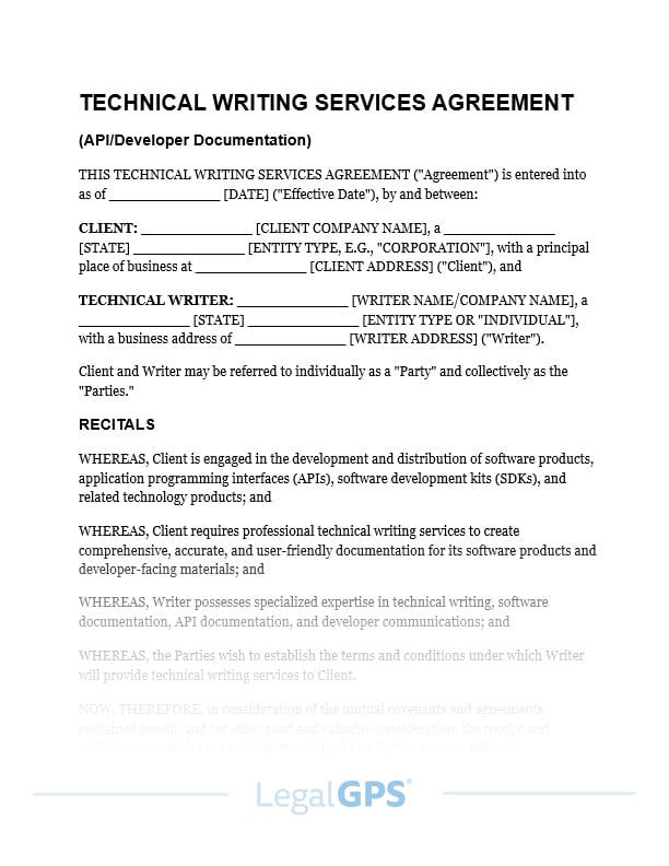 Technical Writing Services Agreement (API or Developer Documentation) IMAGE