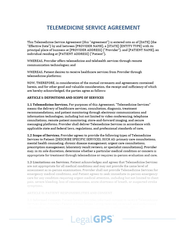 Telemedicine, Telehealth Service Agreement IMAGE