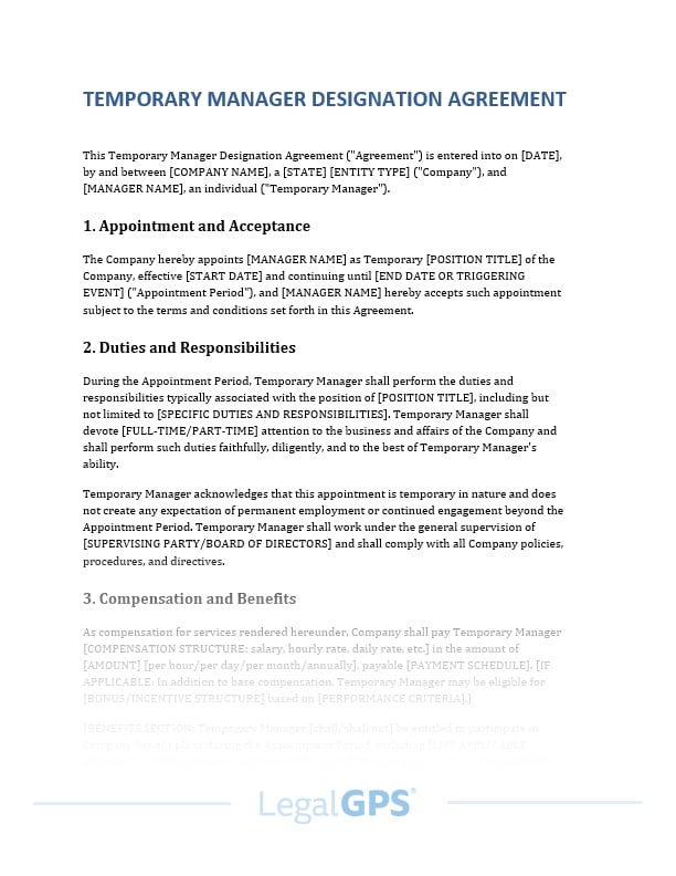 Temporary Manager Designation Agreement
