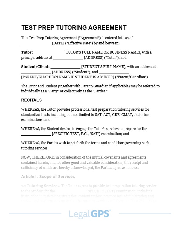 Test Prep Tutoring Agreement (SAT or ACT or GRE or GMAT) IMAGE