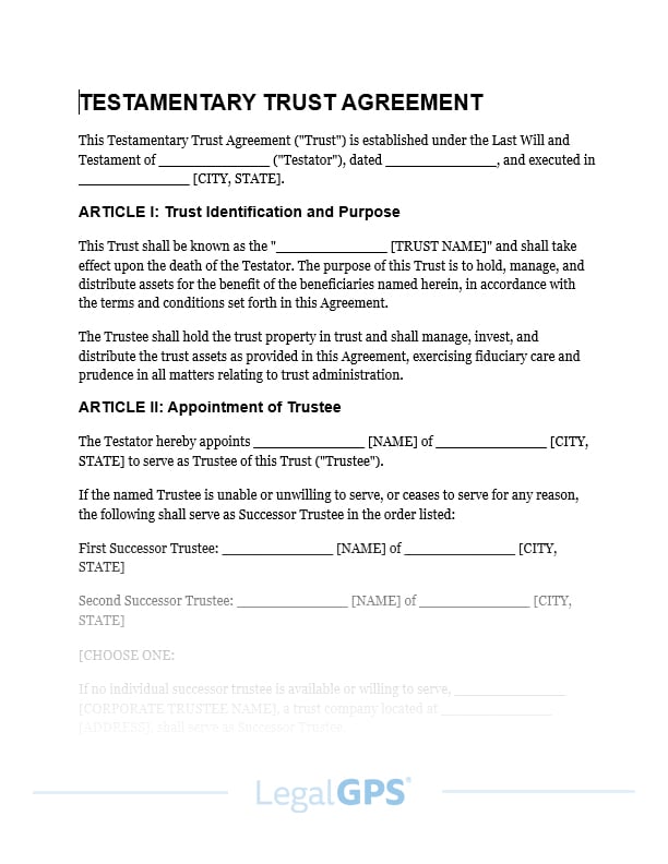 Testamentary Trust Agreement (General) IMAGE