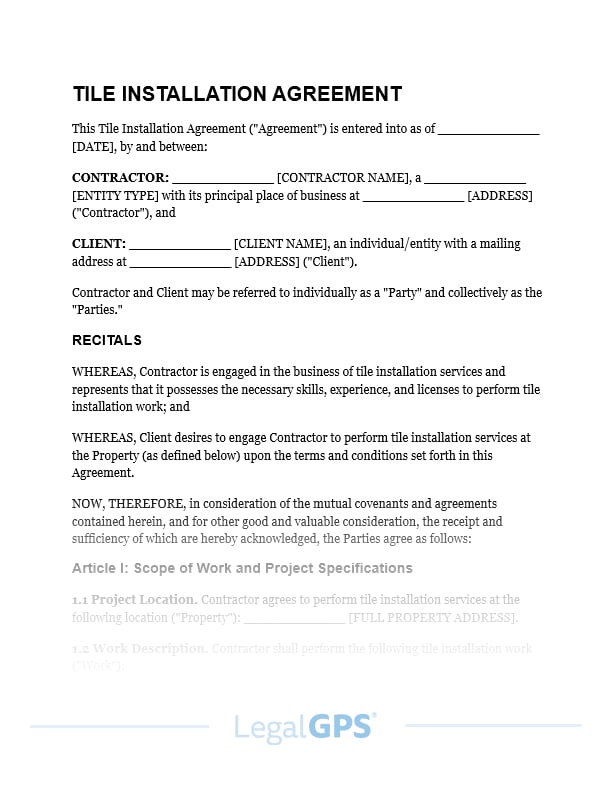 Tile Installation Agreement IMAGE