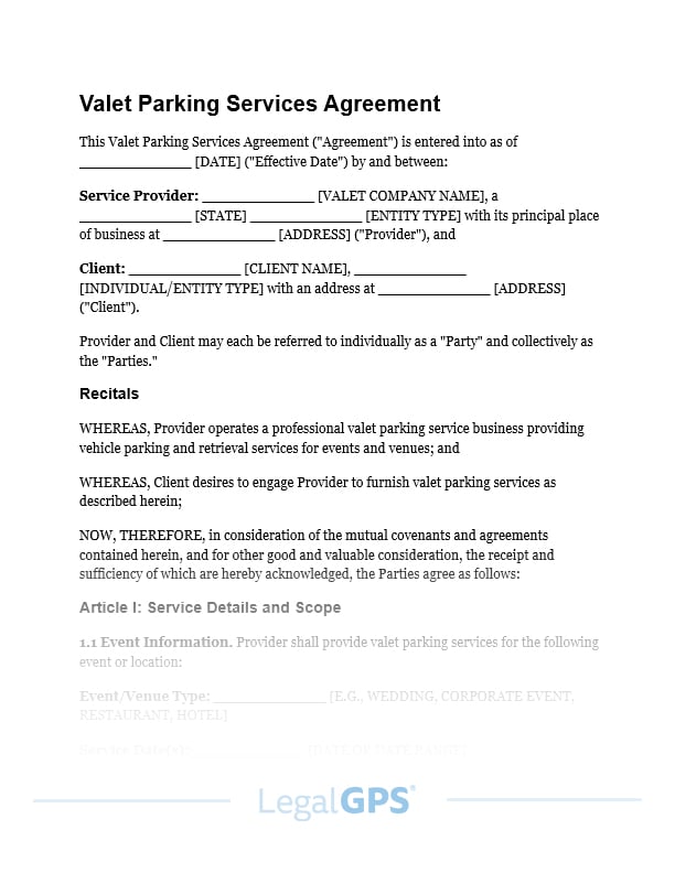 Valet Parking Services Agreement IMAGE