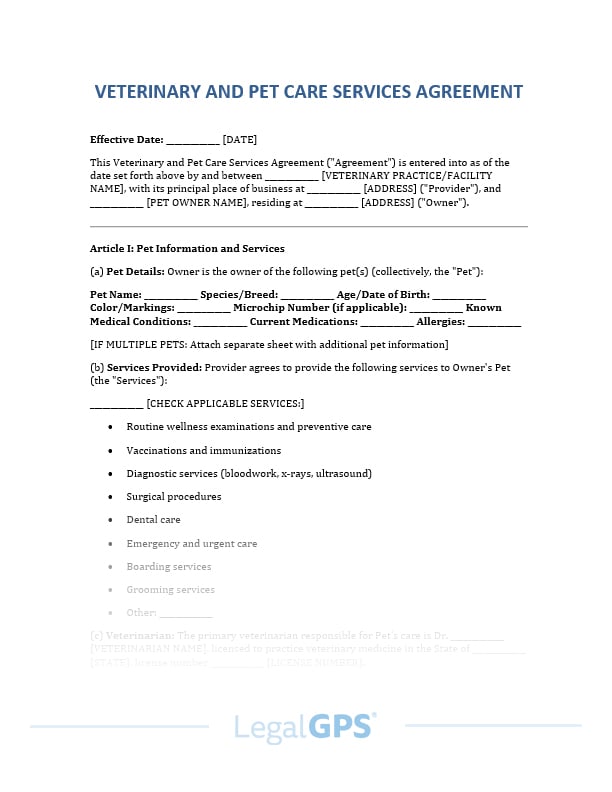 Veterinary and Pet Care Services Agreement IMAGE