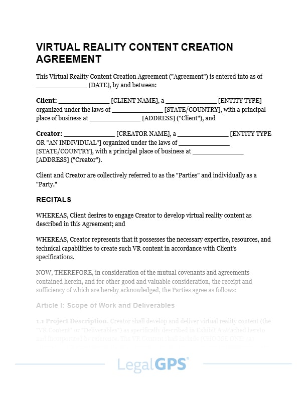 Virtual Reality Content Creation Agreement IMAGE