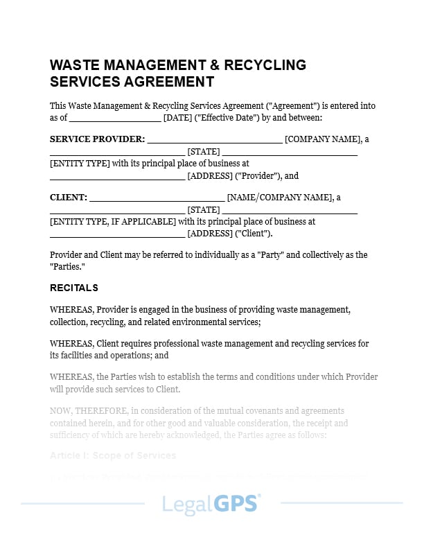 Waste Management & Recycling Services Agreement IMAGE