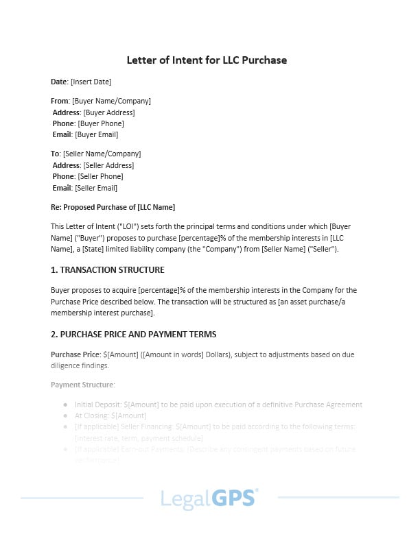 Letter of Intent (LOI) for LLC Purchase